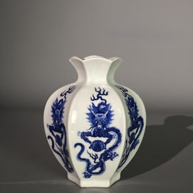 A Rare Blue and White Dragon Pattern Hexagonal Vase