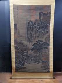 A Chinese Vertical Scroll Ink Painting of Landscape on Silk