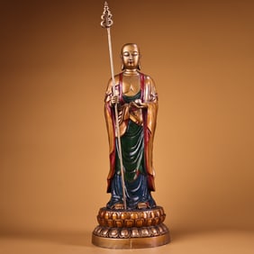 A Rare Coppery High Relief Carved, Painted and Gilded Statue of Kshitigarbha Bodhisattva