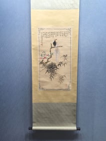 A Chinese Vertical Scroll Ink Painting of Flowers and Birds on Paper