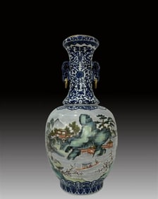 A Rare Blue and White Outline in gold Landscape Figures Pattern Double-Ears vase