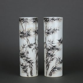 A pair of Rare Ink Color Stone Bamboo Pattern Incense Tube