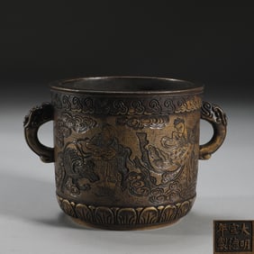 A Rare Bronze Figure Story Pattern Cylindrical Censer