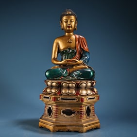 A Rare Coppery Relief Carved, Painted and Gilded Statue of Sakyamuni