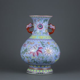 A Rare Enamel Engraved Flower Pattern Double-Ear Vase