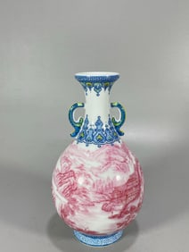 A Rare Ruby Red-Glazed  Landscape Pattern  with poem Double-Ears Zun