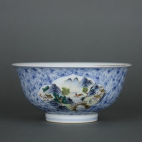 A Rare Blue and White Famille-Rose Four-Side Landscape Pattern Bowl