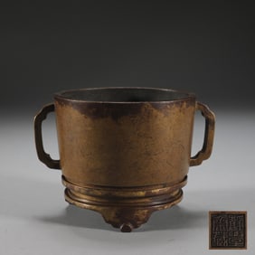 A Rare Bronze Ruyi-Ear Cylindrical Censer