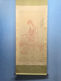 A Chinese Vertical Scroll Ink Painting of Guanyin on Paper
