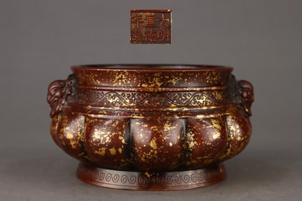 A Rare Purple Copper Body Spot Gold and Splashed Gold Melon Rib Pattern Tianji (Mythical Bird) Ear