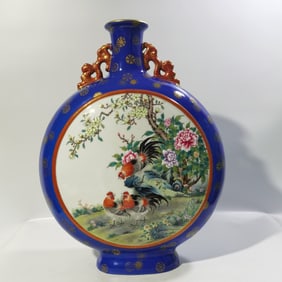 A Rare Enamel Bule Ground Outline in gold Flower and Bird Pattern Vase