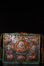 A Rare Iron Carved Inlaid Dzi Bead Gems Painted Color Statue of Mammon Thangka