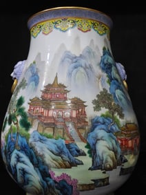 A Rare Enamel Landscape Pattern Double-Ears Zun