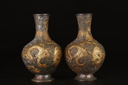 A Pair of Rare Copper Gilt Dragon-Patterned Vases