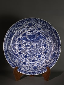 A Rare Blue and White Lotus Five Dragons Pattern Plate