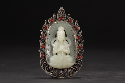 A Rare White Jade Buddha Statue with Silver Wrapping