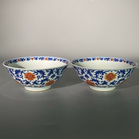 A pair of Rare Blue and White Iron-Red Lotus Pattern Bowls