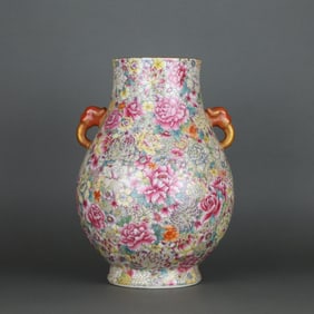A Rare Famille-Rose Flower Pattern Elephant Ear Zun