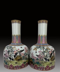 A Pair of Rare Enamel Flower and Bird Pattern zun