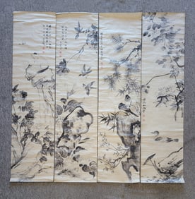 A Chinese Four-panel Screen Ink Painting of Flowers and Birds on Paper