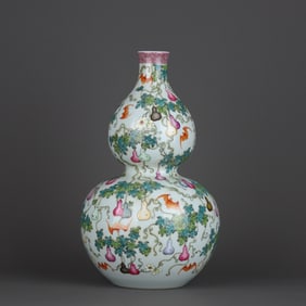 A Rare Famille-Rose Fortune and Blessing Pattern Gourd Vase