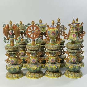 A Set of Rare Enamel Yellow Ground Outline in gold Lotus Pattern Flower Pattern  Vase
