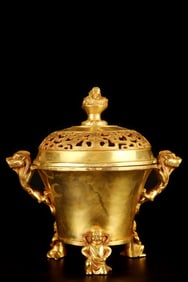 A Rare Copper Gilt Double-Ear Double Lion Incense Burner
