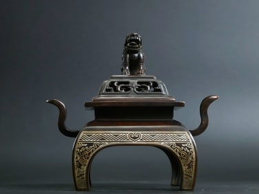 A Rare Red Copper Silver-Inlaid Square Incense Censer