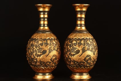 A Pair of Rare Copper Gilt Dragon Phoenix Vases