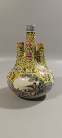 A Rare  Famille-Rose Yellow Ground Flower Pattern  Figures Pattern Vase