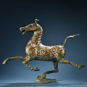 A Rare Gold and Silver-Inlaid Bronze Horse with Inlaid Gems