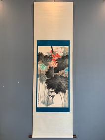 A Chinese Vertical Scroll Ink Painting of Lotus on Silk