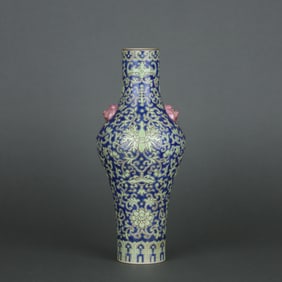 A Rare Blue Ground Green Color Lotus Fortune and Longevity Pattern Beast-Ear Vase