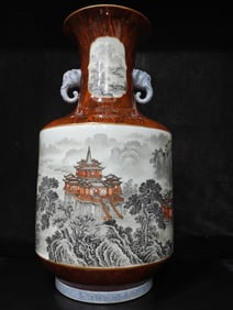 A Rare Imitation Wood Grain GlazeLandscape Pattern Double-Ears Zun