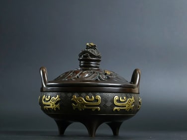 A Rare Red Copper Relief Carved and Gilt Double-Ears Incense Censer