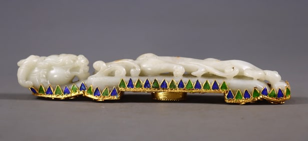 A Rare Gilt Silver Inlaid Hetian Jade Dragon Belt Hook