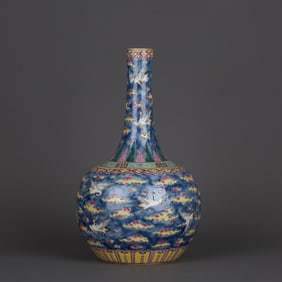 A Rare Blue Ground Famille-Rose Crane Pattern Vase