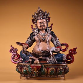 A Rare Coppery High Relief Carved, Painted and Gilded Statue of Tibetan Yellow Mammon