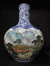 A Rare Famille-Rose Blue and White Landscape Pattern Vase
