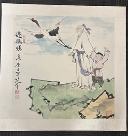 A Chinese Vertical Scroll Ink Painting of Flower, Bird and Figure on Paper