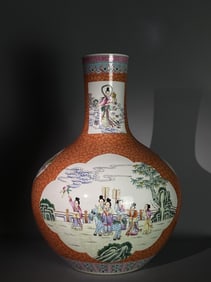 A Rare Coral Red Ground Figure Pattern Vase