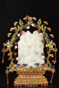 A Rare Filigree Gilt Jade Inlaid Mountain Landscape Ornament