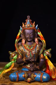A Rare Copper Base Carved Inlaid Gems Dzi Bead Statue of Vajrasattva