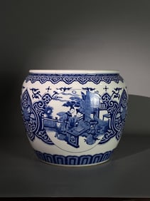 A Rare Blue and White Figure Story Pattern Vat