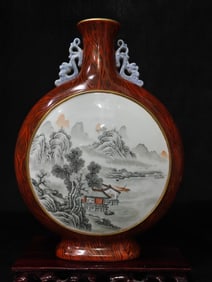 A Rare Ink Color Imitation Wood Grain GlazeLandscape Pattern Vase