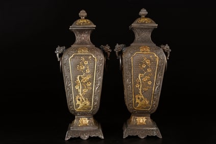 A Pair of Rare Copper Gilt Flower-Patterned Square Vases