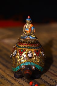 A Rare Natural Meteorite Cloisonne Inlaid Gems Shell Dzi Bead Lucky Turtle