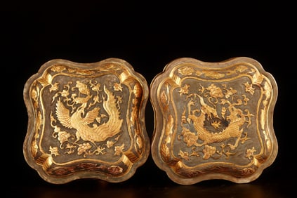 A Pair of Rare Copper Gilt Dragon Phoenix Boxes