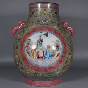 A Rare Enamel Outline in gold Lotus Pattern Figures Pattern Double-Ears zun