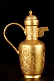 A Rare Copper Gilt Chased Buddha Statue Wine Pot